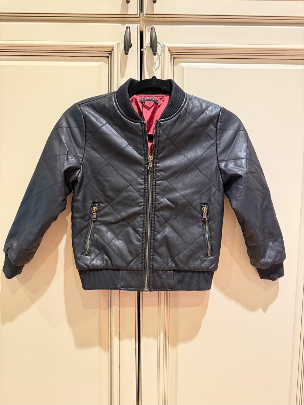Sisley Black Quilted Faux Leather Kids Bomber Jacket Sz Small 6-7 yo new w/o tag